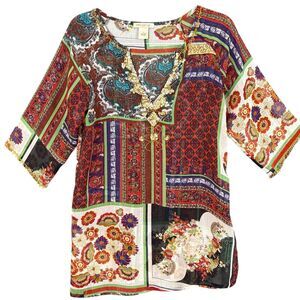 ARDEN B. Tunic Top Sheer Patchwork Print Gold Sequins Beaded Coverup Blouse Sz S